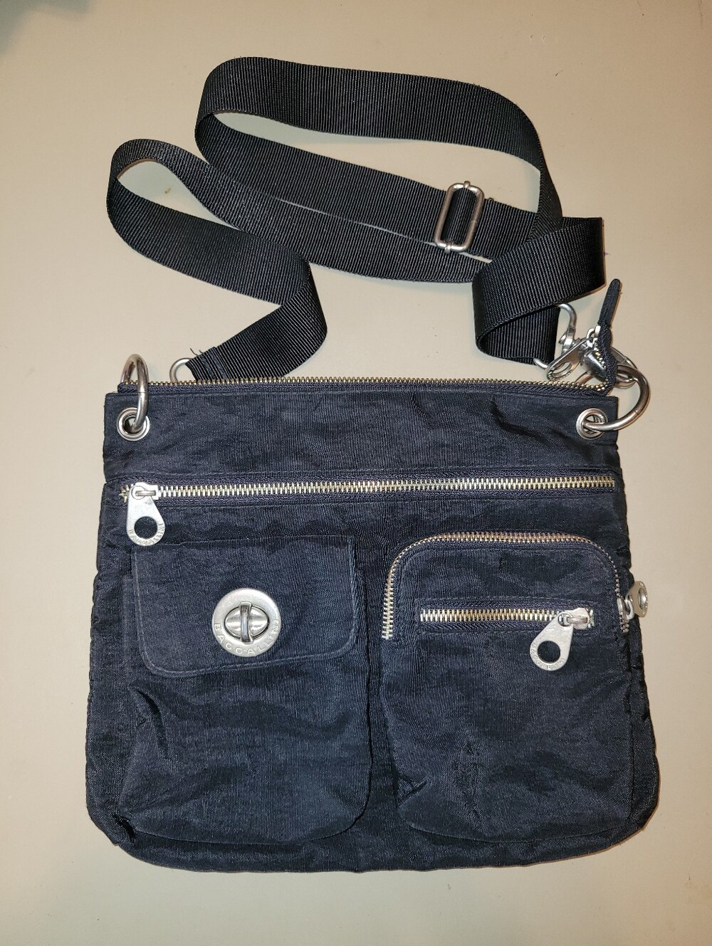 Bagallini Sydney Black Crossbody Nylon Bag with Multiple Zip Pockets.